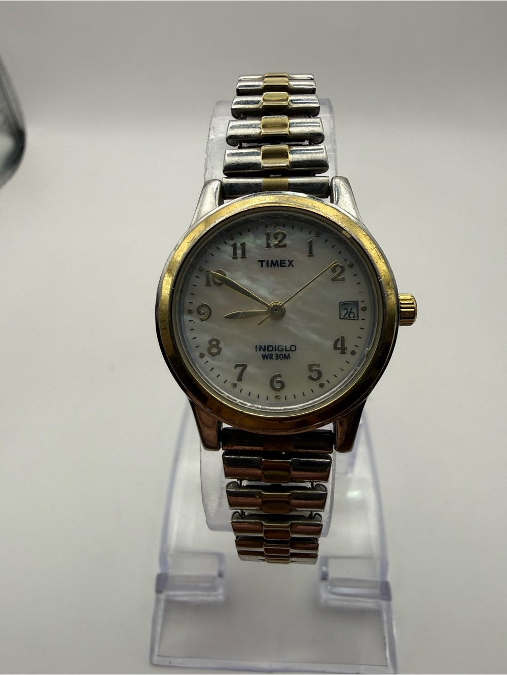 Timex Indiglo Women’s Watch Gold Two Tone Flex Band Mother of Pearl New Battery